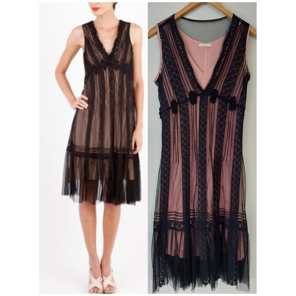 Nataya Vintage Black Lace  Mesh Tulle Midi Dress Small Edwardian Whimsical